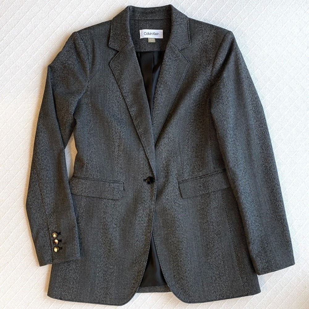 Calvin Klein Women's Black White Twill Herringbone Blazer Jacket Size 4